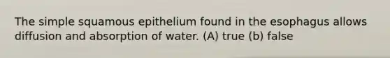 The simple squamous epithelium found in <a href='https://www.questionai.com/knowledge/kSjVhaa9qF-the-esophagus' class='anchor-knowledge'>the esophagus</a> allows diffusion and absorption of water. (A) true (b) false