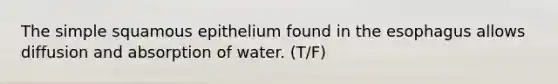 The simple squamous epithelium found in the esophagus allows diffusion and absorption of water. (T/F)