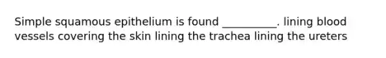 Simple squamous epithelium is found __________. lining blood vessels covering the skin lining the trachea lining the ureters