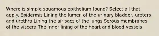 Where is simple squamous epithelium found? Select all that apply. Epidermis Lining the lumen of the urinary bladder, ureters and urethra Lining the air sacs of the lungs Serous membranes of the viscera The inner lining of the heart and blood vessels