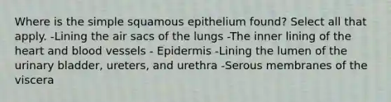 Where is the simple squamous epithelium found? Select all that apply. -Lining the air sacs of the lungs -The inner lining of the heart and blood vessels - Epidermis -Lining the lumen of the urinary bladder, ureters, and urethra -Serous membranes of the viscera