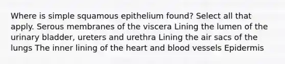 Where is simple squamous epithelium found? Select all that apply. Serous membranes of the viscera Lining the lumen of the urinary bladder, ureters and urethra Lining the air sacs of the lungs The inner lining of the heart and blood vessels Epidermis