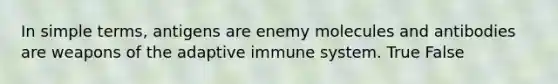 In simple terms, antigens are enemy molecules and antibodies are weapons of the adaptive immune system. True False