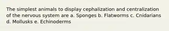 The simplest animals to display cephalization and centralization of the nervous system are a. Sponges b. Flatworms c. Cnidarians d. Mollusks e. Echinoderms