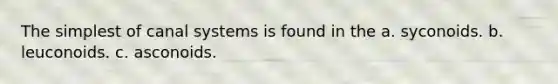 The simplest of canal systems is found in the a. syconoids. b. leuconoids. c. asconoids.
