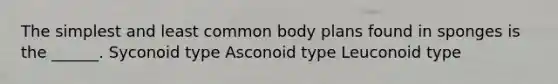 The simplest and least common body plans found in sponges is the ______. Syconoid type Asconoid type Leuconoid type