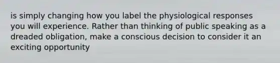 is simply changing how you label the physiological responses you will experience. Rather than thinking of public speaking as a dreaded obligation, make a conscious decision to consider it an exciting opportunity