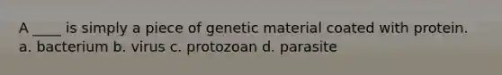 A ____ is simply a piece of genetic material coated with protein. a. bacterium b. virus c. protozoan d. parasite