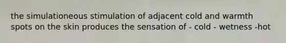 the simulationeous stimulation of adjacent cold and warmth spots on the skin produces the sensation of - cold - wetness -hot