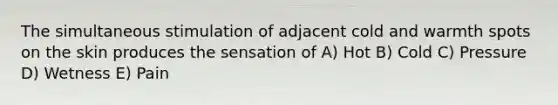 The simultaneous stimulation of adjacent cold and warmth spots on the skin produces the sensation of A) Hot B) Cold C) Pressure D) Wetness E) Pain