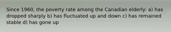 Since 1960, the poverty rate among the Canadian elderly: a) has dropped sharply b) has fluctuated up and down c) has remained stable d) has gone up