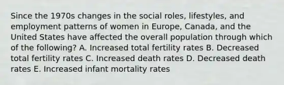 Since the 1970s changes in the social roles, lifestyles, and employment patterns of women in Europe, Canada, and the United States have affected the overall population through which of the following? A. Increased total fertility rates B. Decreased total fertility rates C. Increased death rates D. Decreased death rates E. Increased infant mortality rates