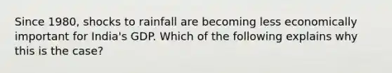 Since 1980, shocks to rainfall are becoming less economically important for India's GDP. Which of the following explains why this is the case?