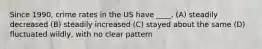 Since 1990, crime rates in the US have ____. (A) steadily decreased (B) steadily increased (C) stayed about the same (D) fluctuated wildly, with no clear pattern