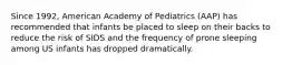 Since 1992, American Academy of Pediatrics (AAP) has recommended that infants be placed to sleep on their backs to reduce the risk of SIDS and the frequency of prone sleeping among US infants has dropped dramatically.