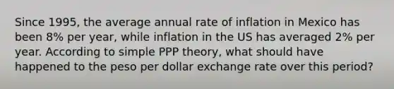 Since 1995, the average annual rate of inflation in Mexico has been 8% per year, while inflation in the US has averaged 2% per year. According to simple PPP theory, what should have happened to the peso per dollar exchange rate over this period?