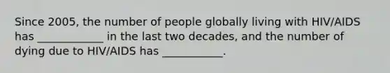 Since 2005, the number of people globally living with HIV/AIDS has ____________ in the last two decades, and the number of dying due to HIV/AIDS has ___________.