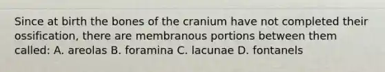 Since at birth the bones of the cranium have not completed their ossification, there are membranous portions between them called: A. areolas B. foramina C. lacunae D. fontanels