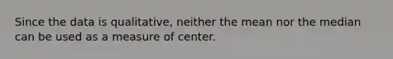 Since the data is​ qualitative, neither the mean nor the median can be used as a measure of center.