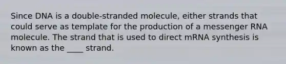 Since DNA is a double-stranded molecule, either strands that could serve as template for the production of a <a href='https://www.questionai.com/knowledge/kDttgcz0ig-messenger-rna' class='anchor-knowledge'>messenger rna</a> molecule. The strand that is used to direct mRNA synthesis is known as the ____ strand.