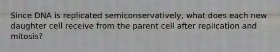 Since DNA is replicated semiconservatively, what does each new daughter cell receive from the parent cell after replication and mitosis?