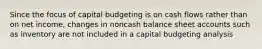 Since the focus of capital budgeting is on cash flows rather than on net income, changes in noncash balance sheet accounts such as inventory are not included in a capital budgeting analysis