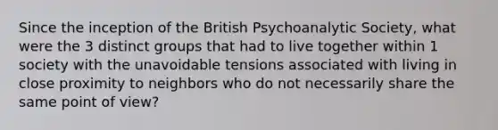 Since the inception of the British Psychoanalytic Society, what were the 3 distinct groups that had to live together within 1 society with the unavoidable tensions associated with living in close proximity to neighbors who do not necessarily share the same point of view?