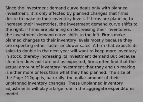 Since the investment demand curve deals only with planned investment, it is only affected by planned changes that firms desire to make to their inventory levels. If firms are planning to increase their inventories, the investment demand curve shifts to the right. If firms are planning on decreasing their inventories, the investment demand curve shifts to the left. Firms make planned changes to their inventory levels mostly because they are expecting either faster or slower sales. A firm that expects its sales to double in the next year will want to keep more inventory in stock, thereby increasing its investment demand But because life often does not turn out as expected, firms often find that the actual amount of inventory investment that they end up making is either more or <a href='https://www.questionai.com/knowledge/k7BtlYpAMX-less-than' class='anchor-knowledge'>less than</a> what they had planned. The size of the Page 212gap is, naturally, the dollar amount of their unplanned inventory changes. These unplanned inventory adjustments will play a large role in the <a href='https://www.questionai.com/knowledge/kyOqrqjjvD-aggregate-expenditures-model' class='anchor-knowledge'>aggregate expenditures model</a>