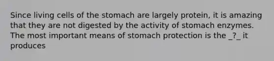 Since living cells of the stomach are largely protein, it is amazing that they are not digested by the activity of stomach enzymes. The most important means of stomach protection is the _?_ it produces