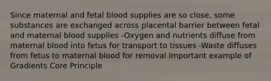 Since maternal and fetal blood supplies are so close, some substances are exchanged across placental barrier between fetal and maternal blood supplies -Oxygen and nutrients diffuse from maternal blood into fetus for transport to tissues -Waste diffuses from fetus to maternal blood for removal Important example of Gradients Core Principle