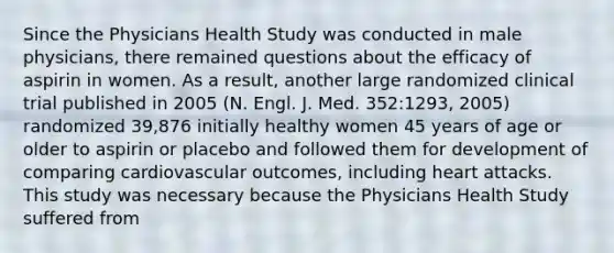 Since the Physicians Health Study was conducted in male physicians, there remained questions about the efficacy of aspirin in women. As a result, another large randomized clinical trial published in 2005 (N. Engl. J. Med. 352:1293, 2005) randomized 39,876 initially healthy women 45 years of age or older to aspirin or placebo and followed them for development of comparing cardiovascular outcomes, including heart attacks. This study was necessary because the Physicians Health Study suffered from