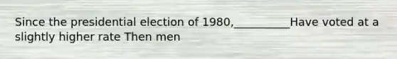 Since the presidential election of 1980,__________Have voted at a slightly higher rate Then men