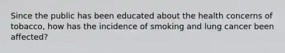 Since the public has been educated about the health concerns of tobacco, how has the incidence of smoking and lung cancer been affected?