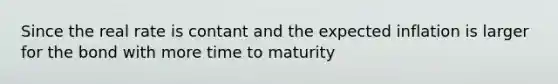 Since the real rate is contant and the expected inflation is larger for the bond with more time to maturity