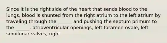 Since it is the right side of <a href='https://www.questionai.com/knowledge/kya8ocqc6o-the-heart' class='anchor-knowledge'>the heart</a> that sends blood to the lungs, blood is shunted from the right atrium to the left atrium by traveling through the ______ and pushing the septum primum to the ______. atrioventricular openings, left foramen ovale, left semilunar valves, right