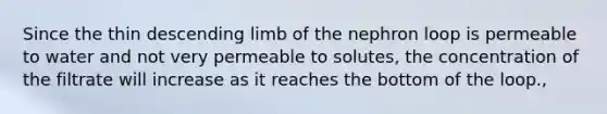 Since the thin descending limb of the nephron loop is permeable to water and not very permeable to solutes, the concentration of the filtrate will increase as it reaches the bottom of the loop.,