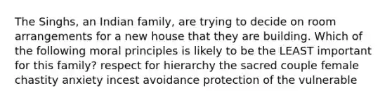 The Singhs, an Indian family, are trying to decide on room arrangements for a new house that they are building. Which of the following moral principles is likely to be the LEAST important for this family? respect for hierarchy the sacred couple female chastity anxiety incest avoidance protection of the vulnerable