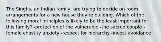 The Singhs, an Indian family, are trying to decide on room arrangements for a new house they're building. Which of the following moral principles is likely to be the least important for this family? -protection of the vulnerable -the sacred couple -female chastity anxiety -respect for hierarchy -incest avoidance