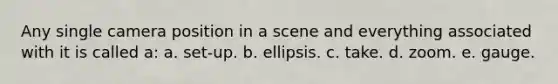 Any single camera position in a scene and everything associated with it is called a: a. set-up. b. ellipsis. c. take. d. zoom. e. gauge.