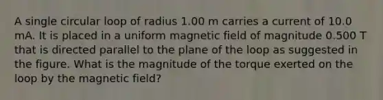 A single circular loop of radius 1.00 m carries a current of 10.0 mA. It is placed in a uniform magnetic field of magnitude 0.500 T that is directed parallel to the plane of the loop as suggested in the figure. What is the magnitude of the torque exerted on the loop by the magnetic field?