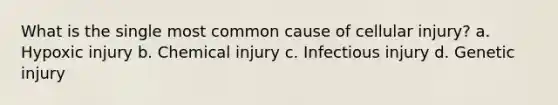 What is the single most common cause of cellular injury? a. Hypoxic injury b. Chemical injury c. Infectious injury d. Genetic injury