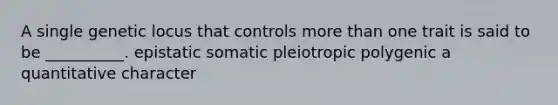 A single genetic locus that controls more than one trait is said to be __________. epistatic somatic pleiotropic polygenic a quantitative character