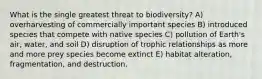 What is the single greatest threat to biodiversity? A) overharvesting of commercially important species B) introduced species that compete with native species C) pollution of Earth's air, water, and soil D) disruption of trophic relationships as more and more prey species become extinct E) habitat alteration, fragmentation, and destruction.