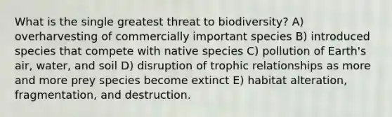 What is the single greatest threat to biodiversity? A) overharvesting of commercially important species B) introduced species that compete with native species C) pollution of Earth's air, water, and soil D) disruption of trophic relationships as more and more prey species become extinct E) habitat alteration, fragmentation, and destruction.