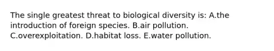 The single greatest threat to biological diversity is: A.the introduction of foreign species. B.air pollution. C.overexploitation. D.habitat loss. E.water pollution.