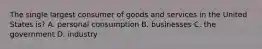 The single largest consumer of goods and services in the United States is? A. personal consumption B. businesses C. the government D. industry