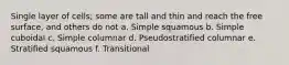 Single layer of cells; some are tall and thin and reach the free surface, and others do not a. Simple squamous b. Simple cuboidal c. Simple columnar d. Pseudostratified columnar e. Stratified squamous f. Transitional