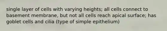 single layer of cells with varying heights; all cells connect to basement membrane, but not all cells reach apical surface; has goblet cells and cilia (type of simple epithelium)