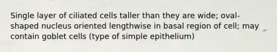 Single layer of ciliated cells taller than they are wide; oval-shaped nucleus oriented lengthwise in basal region of cell; may contain goblet cells (type of simple epithelium)