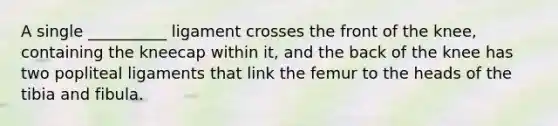 A single __________ ligament crosses the front of the knee, containing the kneecap within it, and the back of the knee has two popliteal ligaments that link the femur to the heads of the tibia and fibula.